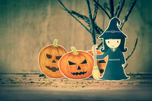 Little Witch With Halloween Background.