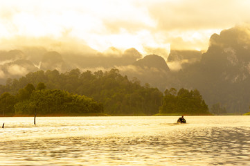 Wall Mural - beautiful scene of boat in morning at ratchaprapa dam, suratthan