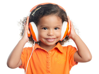 Wall Mural - Small afro american girl with bright orange headphones