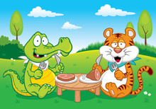 Vector Illustration Of Cartoon Crocodile And Tiger Eating