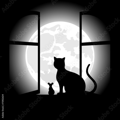 Naklejka ścienna black cat sitting opposite to the moon in night of the Halloween