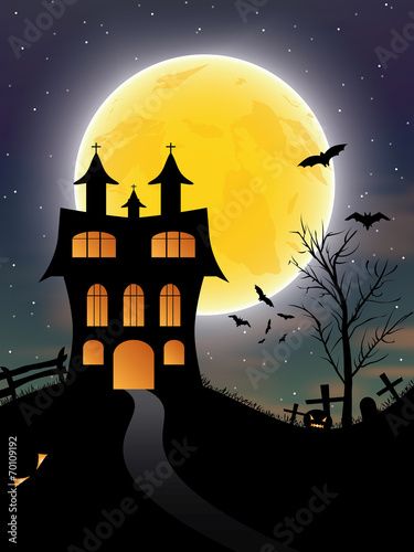 Naklejka samoprzylepna Tło halloween z zamku, nietoperze i księżyc