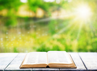 Canvas Print - Open book on table outdoors