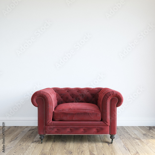 Fotografie, Obraz Single Red Velvet Armchair In Minimalist Interior Room