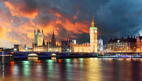 Board z aluminiowym obramowaniem Big ben i domy parlamentu na wieczór, Londyn, Wielka Brytania