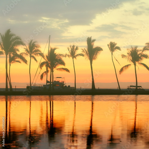 Board z aluminiowym obramowaniem Tropikalny raj plaża zachód słońca z palmami