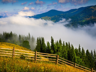 Wall Mural - amazing mountain landscape with fog and a haystack