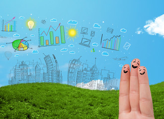 Fototapete - Happy smiley fingers looking at hand drawn urban city landscape