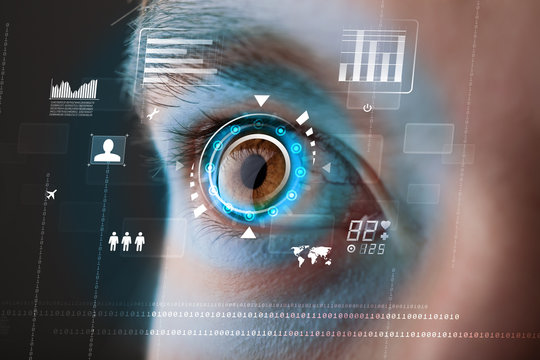 future woman with cyber technology eye panel concept