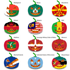 Set pumpkins for Halloween as a flags of the world. Vector illus