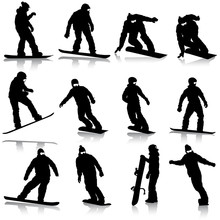Black Silhouettes Set Snowboarders On White Background. Vector I