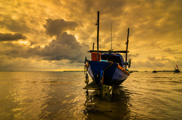 Sticker - Fishing sea boat and Sunrise