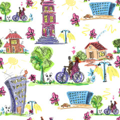 Poster - Doodle city colored seamless pattern