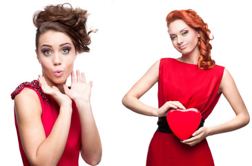 Poster - two young surprised women in red dress