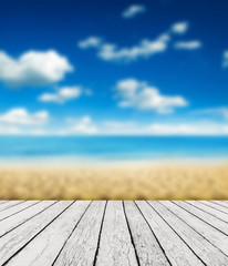 Canvas Print - Wood, blue sea and sky background