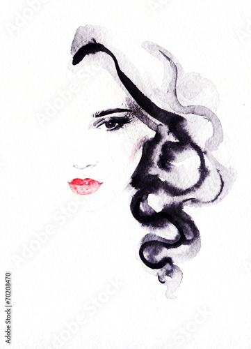 Plakat na papierze fotorealistycznym Kobieta portret.abstract akwarela.fashion tło