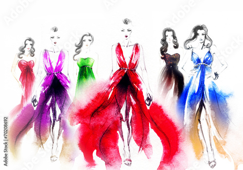 kobiety-w-kolorowych-sukniach-na-bialym-tle-akwarela
