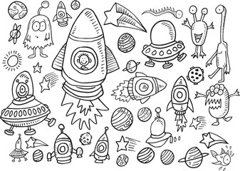 Wall Mural - Outer Space Doodle Vector Illustration Art Set