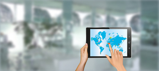 Wall Mural - tablet  with hands on blur background, vector