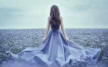 Back View Of Standing Young Woman In Blue Dress