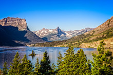 Landscape View Of Mountain Range In Glacier NP, Montana, USA