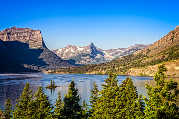 Landscape view of mountain range in Glacier NP, Montana, USA