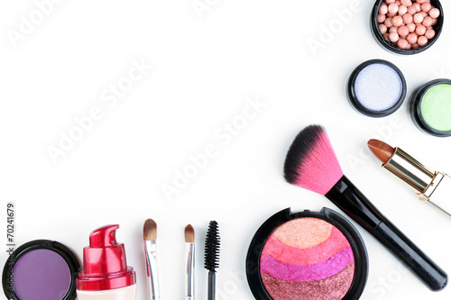Fotografie, Obraz Beautiful decorative cosmetics and makeup brushes, isolated