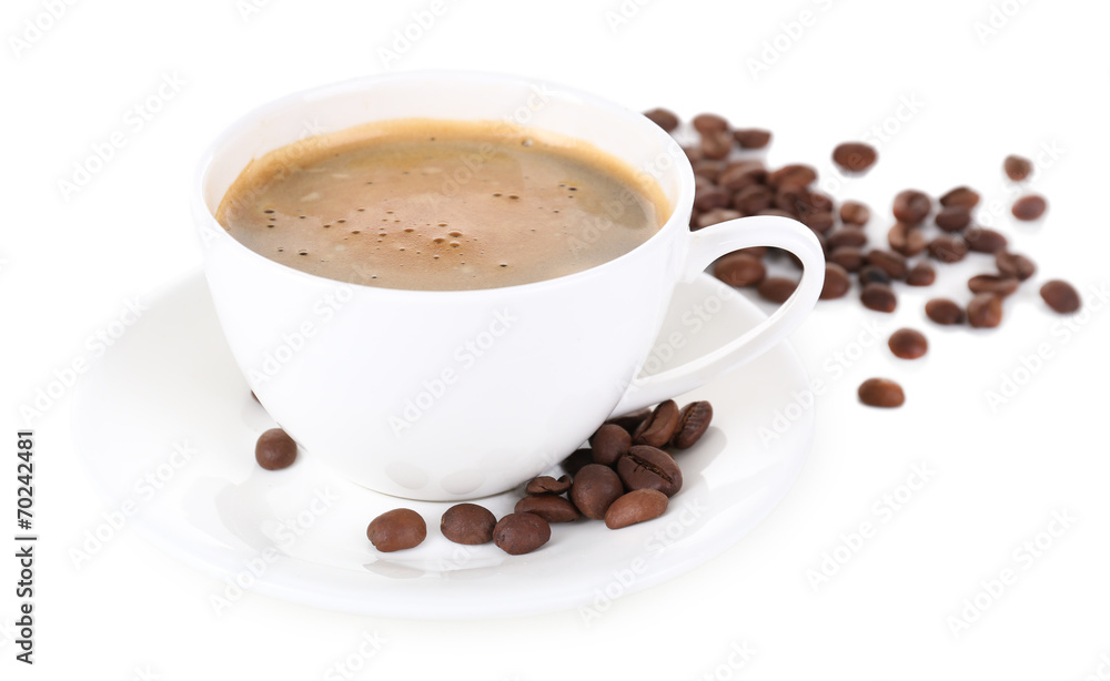 Cup of coffee with milk and coffee beans isolated on white