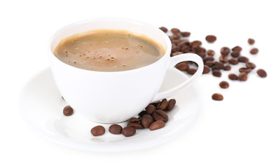 Wall Mural - Cup of coffee with milk and coffee beans isolated on white