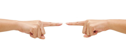 Two hand pointing sign isolated on white background