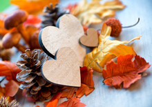 Still Life Of Wooden Hearts Amongst Autumn Foliage