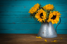 Sunflower In Metal Vase