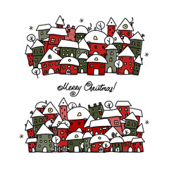 Poster - Christmas card with winter city sketch for your design