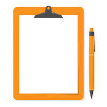 Orange Clipboard With White Paper And Pen Put Alongside.