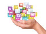 Fototapeta  - hand with application software icons. social media concept