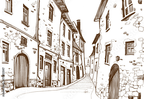 Fototapeta na wymiar Freehand drawing, showing a narrow European street