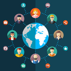 Social network flat illustration with avatars earth