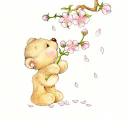 Plakat kreskówka piękny kwiat niedźwiedź
