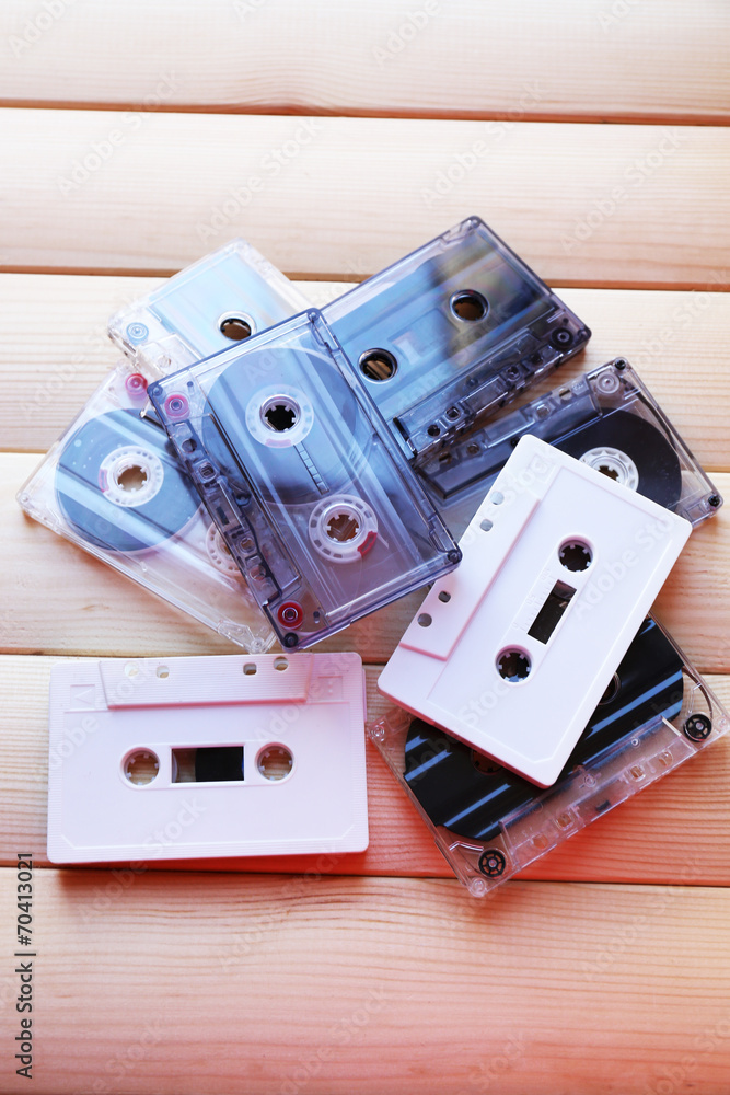 Collection of retro audio tapes, close up