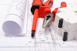 Diagrams, electric fuse, work tools on construction drawing
