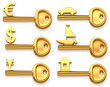 Gold keys symbolizing Euro,Dollar,Yen,House,Yacht and car.