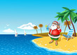 Christmas Santa On The Beach with smartphone