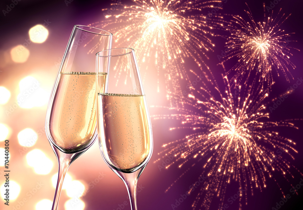 Champagnergläser Violett mit Feuerwerk - obrazy, fototapety, plakaty 
