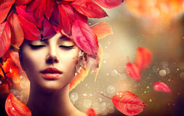 Poster - autumn woman. fall. girl with colourful autumn leaves hairstyle