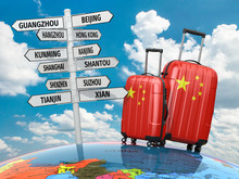 Travel Concept. Suitcases And Signpost What To Visit In China.