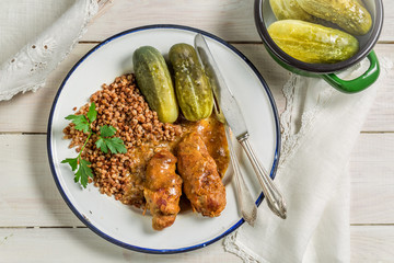 Slips of beef with pickled cucumber and buckwheat