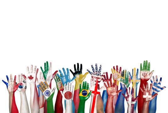 group of diverse flag painted hands raised