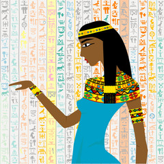 Ancient Egyptian woman over a background with Egyptian hieroglyp