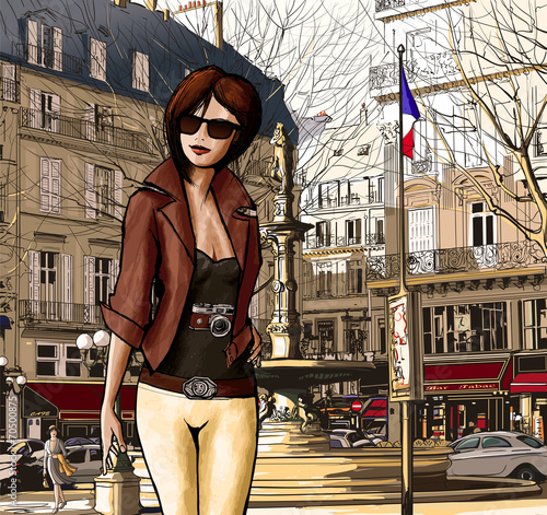 mloda-kobieta-odwiedza-paryz-grafika-wektorowa-ilustracja-malarstwo-cyfrowe