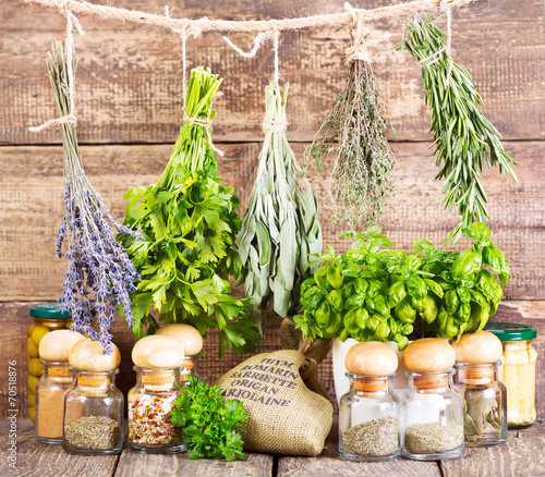 Fototapeta do kuchni various fresh and dried herbs